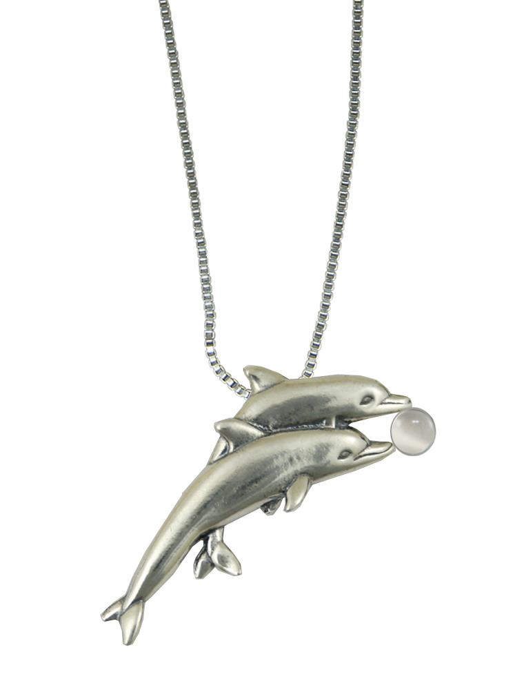 Sterling Silver Pair of Dolphins Pendant With White Moonstone